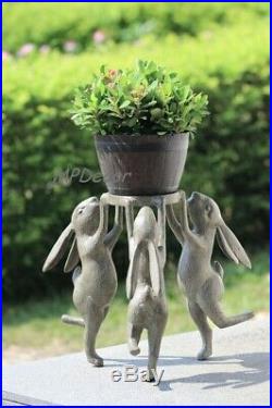 Rabbit Trio Planter Holder Stand Metal Garden Sculpture Bunny Flower Pot
