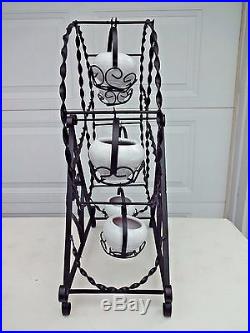 Rare Vintage Black Metal Ferris Wheel Plant Stand with 6 White Ceramic Pots