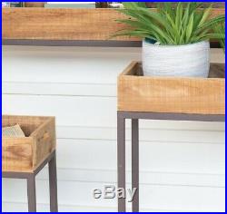 Recycled Wood Console Tray Table Set Three Rustic Metal Base Serving Plant Stand