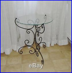 Retro Vintage 18in Iron Rod End Table Plant Stand in Black w 15in Glass Shelf