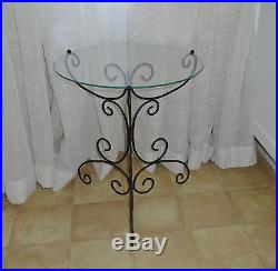 Retro Vintage 18in Iron Rod End Table Plant Stand in Black w 15in Glass Shelf