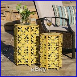 Retro Vintage Iron Accent Side End Table Set Plant Stand Yellow Aged Yard Indoor