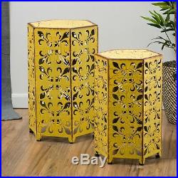 Retro Vintage Iron Accent Side End Table Set Plant Stand Yellow Aged Yard Indoor
