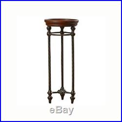 Round Pedestal Plant Stand Wood Top Metal Legs Walnut Finish Living Room New
