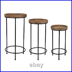 Round Wood and Metal Plant Stand Table Set of 2