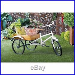Rustic Bicycle Tricycle Flower Cart Plant Stand Distressed White Iron Metal