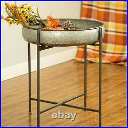 Rustic Farmhouse Galvanized Metal Planter Stand Round Table Serving Tray Bowl