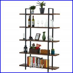 Rustic Metal & Wood 5 Tier Bookcase Bookshelf Plant Stand Storage Rack Walnut US