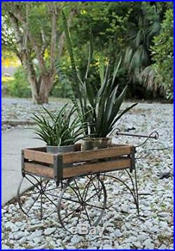 Rustic Wood and Metal 2 Wagon Cart Planter Patio Decorative With Wheels Garden