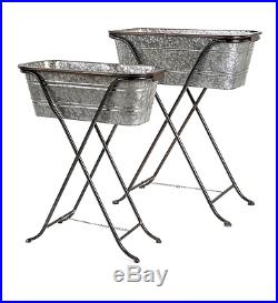 Set /2 Galvanized Metal Bucket Plant Stands Planters With Iron Stand, 22-26''H