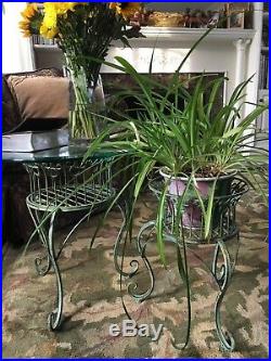 Set/2 Green Verdigris Wrought Iron metal garden Basket Plant stands/ Table bases