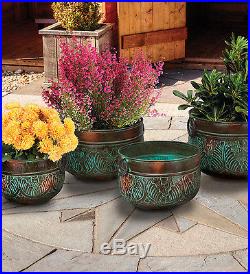 Set/4 Metal/Iron Handles Bronze Leaves Planters, Garden Patio Decor, Flower Pots