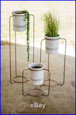 Set Of 3 Copper Finish Metal Stands With White Wash Pots