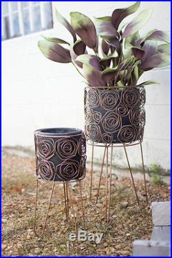 Set Of Two Black Clay Pots With Rose Pattern Copper Finish Stands