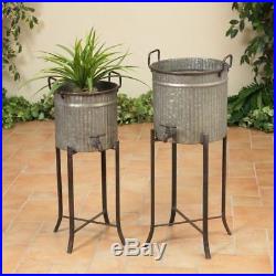 Set of 2 Galvanized Metal Classic Beverage Server Plant Holders with Stands