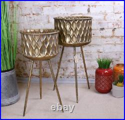 Set of 2 Planter Antique Gold Succulent Plant Stand Hallway Tripod Cactus Basket