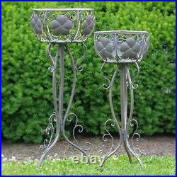 Set of 2 Round Basket Plant Stands with Flower Detail