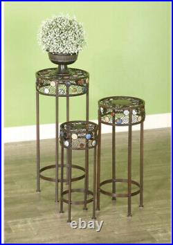 Set of 3 Colorful Boho Plant Stands Round Display, Bead and Scrollwork Spirals