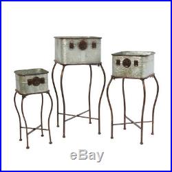 Set of 3 Galvanized Metal Garden Planters Antique-Style Plant Holders with Stands