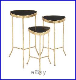 Set of 3 Gold Metal Black Glass Accent Side End Table Night Modern Plant Stand
