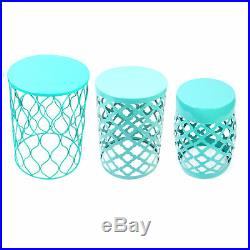 Set of 3 Home Garden Table Circle Wired Round Iron Metal Stool Plant Stand Blue