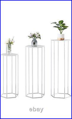 Set of 3 Metal Plant Stand White Nesting Display End Table High Hexagon Rack
