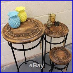 Set of 3 Occasional Tables Mango Wood and Iron Plant Stand Side Table Handmade
