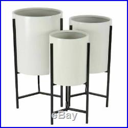 Set of 3 Planters with Stand White Black Drum Plant Holders Outdoor Indoor Decor
