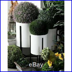 Set of 3 Planters with Stand White Black Drum Plant Holders Outdoor Indoor Decor