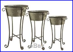 Set of 3 classic Tin And Steel metal Pedestal Plant Stands with tin pots