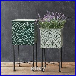 Set of Two Green and White Square Metal Plant Stands