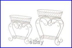 Shabby Cottage Chic White Oblong Metal Iron Scroll Plant Stand Shelf S/2