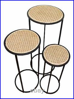 Side Tables Weave Effect Round Top Tall Metal Plant Stands Decor Black Set of 3