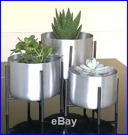 Silver Planters on Stand Set of 3 Large Plant Pots on Individual Black Racks