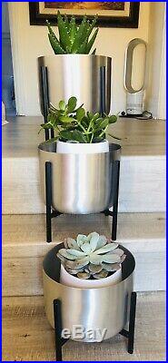 Silver Planters on Stand Set of 3 Large Plant Pots on Individual Black Racks