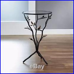 Small Accent Table Round End Side Plant Stand Decorative Glass Metal Bird Branch