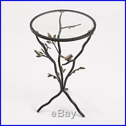Small Accent Table Round End Side Plant Stand Decorative Glass Metal Bird Branch