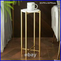 Small Round Side End Table Plant Stand Marble Top Metal Glam Gold Folding X Base