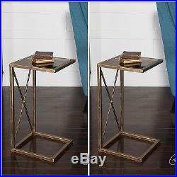 Two Aged Gold Finish Metal Black Colored Glass Accent End Table Plant Stand