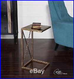 Two Aged Gold Finish Metal Black Colored Glass Accent End Table Plant Stand
