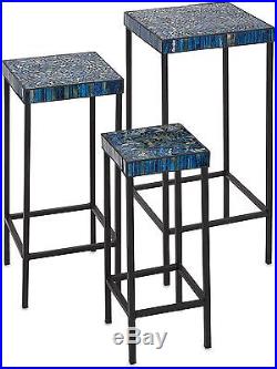 Table Set Accent Nesting Plant Stand Blue Mosaic Tables 3-Pc Side End Metal