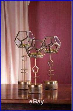 Terrarium Plant Stands, 3-Piece Set Geodesic Bowl Domes, Tall Metal & Wood Base