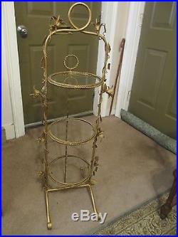 VTG Gold Twisted Metal Barb Wire Glass Scroll Flower 3 Shelf Plant Stand Table