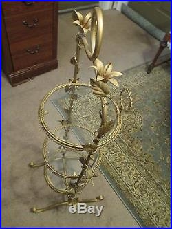 VTG Gold Twisted Metal Barb Wire Glass Scroll Flower 3 Shelf Plant Stand Table
