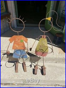VTG Style Outdoor Metal Boy And Girl Plant Holders Pair Decorative Iron