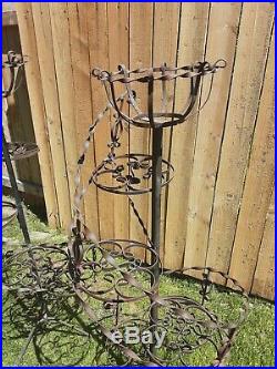 VTG Wrought Iron Metal Plant Stand 51 Spiral Stairs 5 Tier withTop Basket Brown