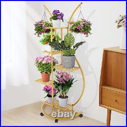 Vgmiu 5 Tier Metal Plant Stand Indoor Outdoor with Wheels and Hanging Hooks, Gol