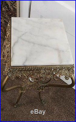 Victorian Style Fern Table Plant Stand Marble Top White Metal withBrass Finish