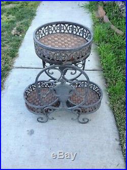 Vintage 2 Level Metal Plant Stand With 3 Round Holder