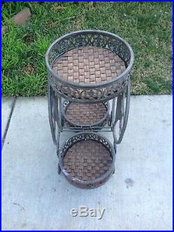 Vintage 2 Level Metal Plant Stand With 3 Round Holder